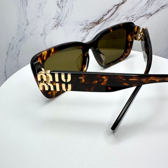 New MIU MIU Sunglasses Brown Tortoise Acetate Gold Metal Logo Italy Authentic - Picture 14 of 16